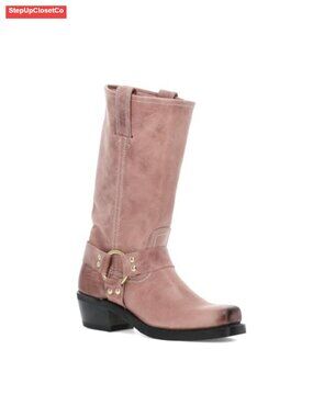 Women's Leather Motorcycle Boots Mid-Calf Pull-On Square Toe Block Heel